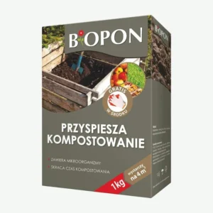 Biopon komposter 1 kg – przyspiesza kompostowanie, zawiera mikroorganizmy, skraca czas rozkładu odpadów organicznych, wystarcza na 4 m³, gratis rękawice w środku.