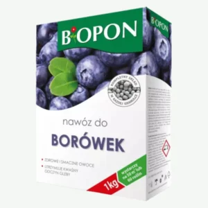 Biopon nawóz do borówek 1 kg – granulowany, wspiera rozwój zdrowych i smacznych owoców, utrzymuje kwaśny odczyn gleby, wystarcza na 50 m² lub 60 roślin.