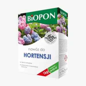 Biopon nawóz do hortensji 1 kg – granulowany, zapewnia obfite kwitnienie i intensywne wybarwienie kwiatów, wystarcza na 65 m².