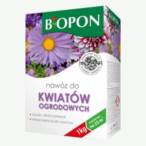 Biopon nawóz do kwiatów ogrodowych 1 kg – do roślin jednorocznych i wieloletnich, zapewnia długie, obfite kwitnienie i intensywne kolory, wystarcza na 25 m²