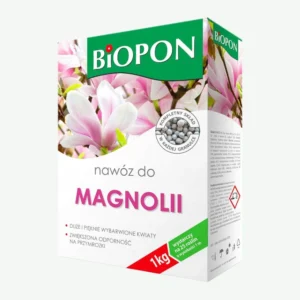 Biopon nawóz do magnolii 1 kg – granulowany, wspiera rozwój dużych, pięknie wybarwionych kwiatów i zwiększa odporność roślin na przymrozki, wystarcza na 25 roślin o wysokości 1 m.