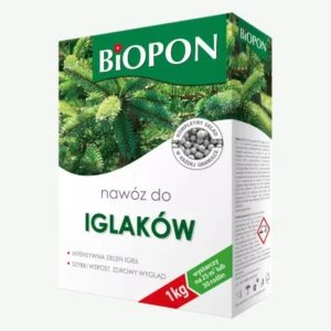 Biopon nawóz do iglaków 1 kg – granulowany, zapewnia intensywną zieleń igieł, szybki wzrost i zdrowy wygląd roślin, wystarcza na 25 m² lub 30 roślin.