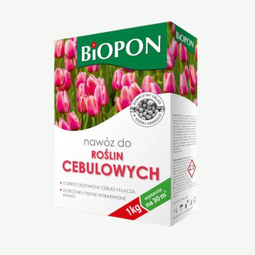 Biopon nawóz do roślin cebulowych 1 kg – granulowany, odżywia cebule i kłącza, wspiera rozwój dorodnych, intensywnie wybarwionych kwiatów, wystarcza na 30 m²