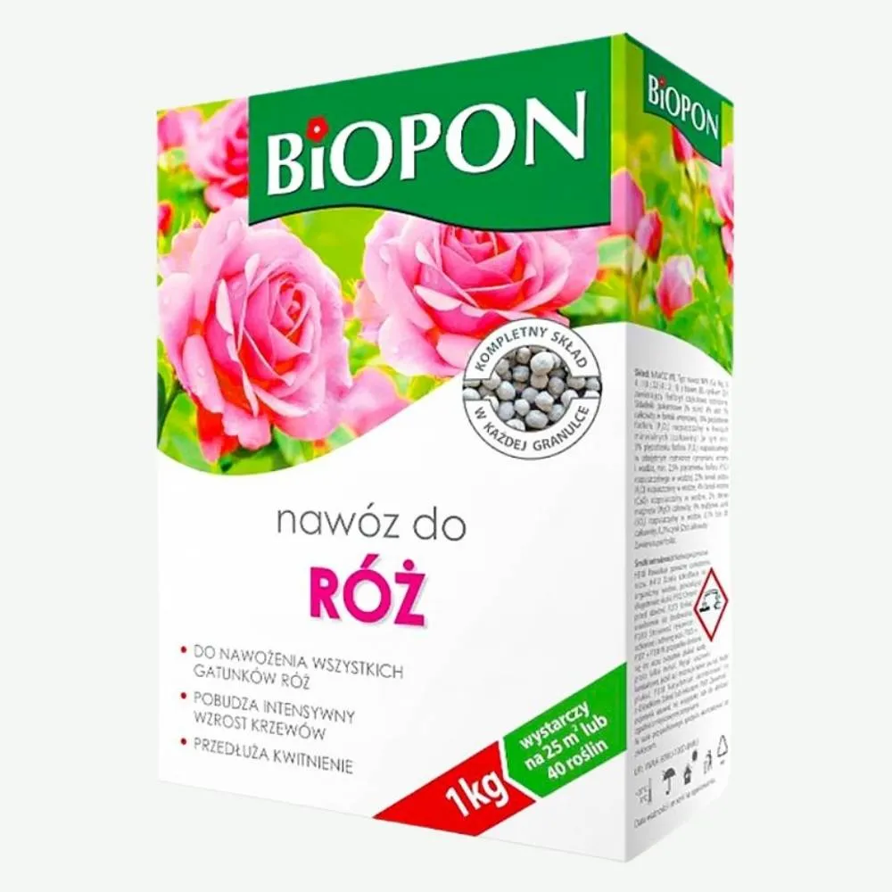 Biopon nawóz do róż 1 kg – granulowany, do wszystkich gatunków róż, pobudza intensywny wzrost krzewów i przedłuża kwitnienie, wystarcza na 25 m² lub 40 roślin.