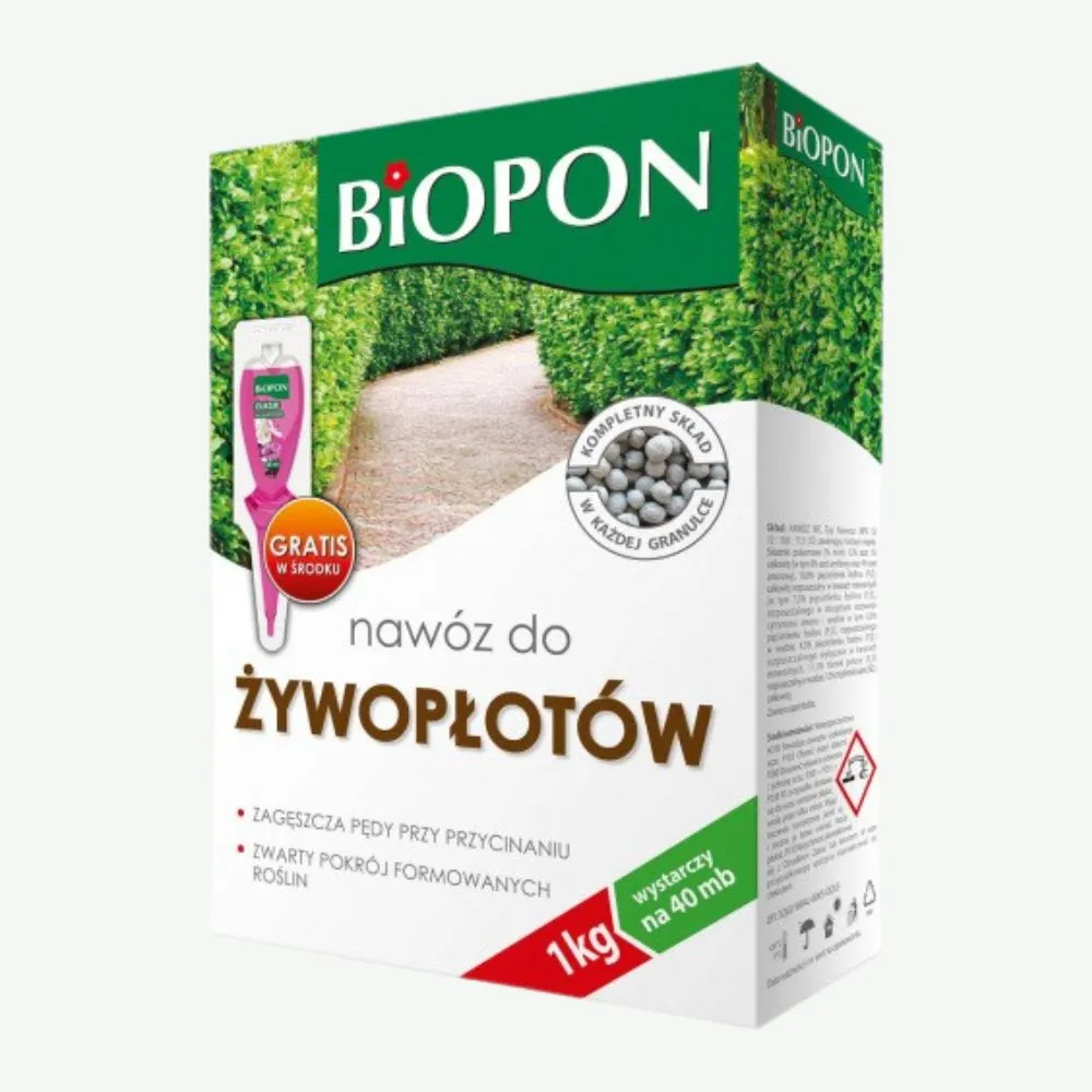 Biopon nawóz do żywopłotów 1 kg – granulowany, zagęszcza pędy przy przycinaniu i wspiera zwarty pokrój roślin formowanych, wystarcza na 40 mb.