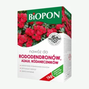 Biopon nawóz do rododendronów, azalii i różaneczników 1 kg – granulowany, wspiera intensywne wybarwienie kwiatów, optymalny wzrost i obfite kwitnienie, wystarcza na 30 m² lub 25 roślin.