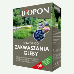 Biopon nawóz do zakwaszania gleby 1 kg – do iglaków, różaneczników, hortensji, borówek i innych roślin kwasolubnych, wystarcza na 1000 g podłoża lub 2000 l roztworu.