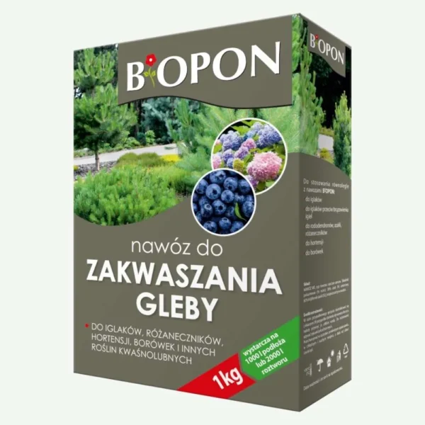 Biopon nawóz do zakwaszania gleby 1 kg – do iglaków, różaneczników, hortensji, borówek i innych roślin kwasolubnych, wystarcza na 1000 g podłoża lub 2000 l roztworu.