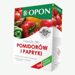 Biopon nawóz do pomidorów i papryki 1 kg – granulowany, wspomaga obfite plonowanie, zapobiega pękaniu owoców, wystarcza na 33 m²